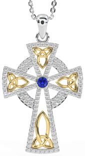 Diamond Sapphire Gold Silver Celtic Cross Trinity Knot Necklace