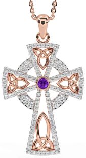 Diamond Amethyst Rose Gold Celtic Cross Trinity Knot Necklace