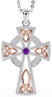 Diamond Amethyst White Rose Gold Celtic Cross Trinity Knot Necklace