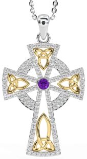 Diamond Amethyst White Yellow Gold Celtic Cross Trinity Knot Necklace