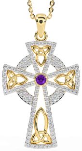 Diamond Amethyst Gold Celtic Cross Trinity Knot Necklace