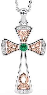 Diamond Emerald Rose Gold Silver Celtic Cross Necklace