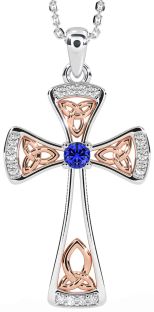 Diamond Sapphire Rose Gold Silver Celtic Cross Necklace