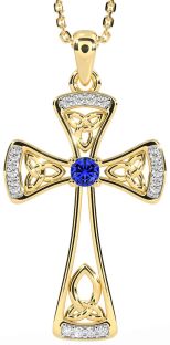 Diamond Sapphire Gold Silver Celtic Cross Necklace