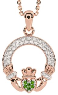 Diamond Peridot Rose Gold Silver Claddagh Necklace