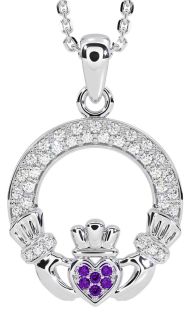 Diamond Amethyst White Gold Claddagh Necklace