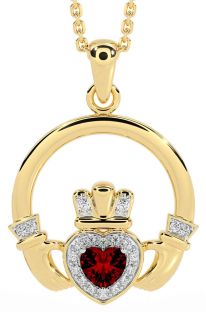 Diamond Garnet Gold Silver Claddagh Necklace