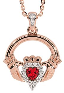 Diamond Ruby Rose Gold Silver Claddagh Necklace