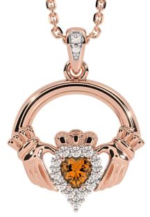 Diamond Citrine Rose Gold Claddagh Necklace