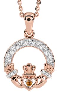 Diamond Citrine Rose Gold Silver Claddagh Necklace