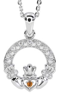 Diamond Citrine Silver Claddagh Necklace
