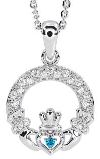 Diamond Topaz White Gold Claddagh Necklace