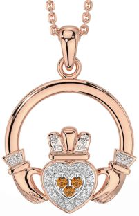 Diamond Citrine Rose Gold Silver Claddagh Necklace