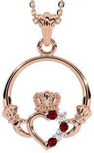 Diamond Garnet Rose Gold Silver Claddagh Necklace
