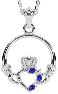 Diamond Sapphire White Gold Claddagh Necklace