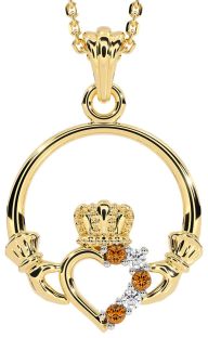 Diamond Citrine Gold Claddagh Necklace