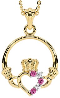Diamond Pink Tourmaline Gold Claddagh Necklace