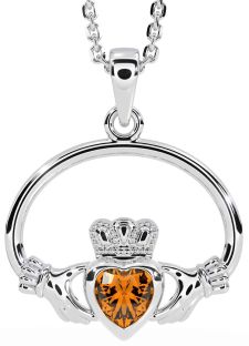 Citrine White Gold Claddagh Necklace