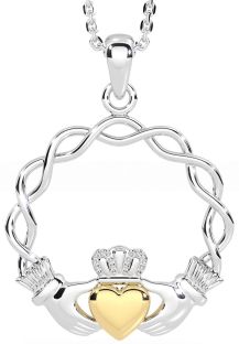 White Yellow Gold Celtic Claddagh Necklace