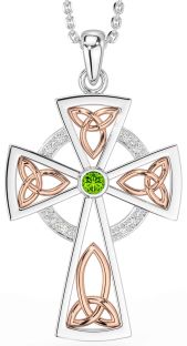 Diamond Peridot Rose Gold Silver Celtic Cross Necklace