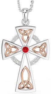 Diamond Ruby Rose Gold Silver Celtic Cross Necklace