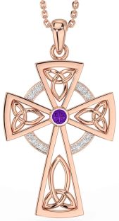 Diamond Amethyst Rose Gold Silver Celtic Cross Necklace