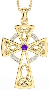 Diamond Amethyst Gold Silver Celtic Cross Necklace