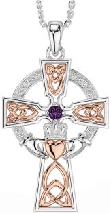 Diamond Alexandrite Rose Gold Silver Claddagh Celtic Cross Necklace