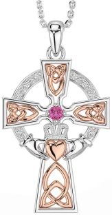 Diamond Pink Tourmaline Rose Gold Silver Claddagh Celtic Cross Necklace