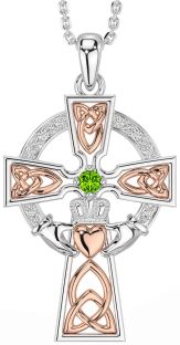 Diamond Peridot Rose Gold Silver Claddagh Celtic Cross Necklace