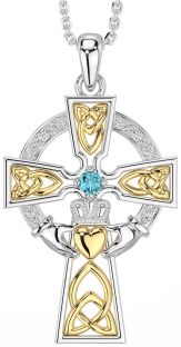 Diamond Aquamarine Gold Silver Claddagh Celtic Cross Necklace