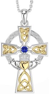 Diamond Sapphire Gold Silver Claddagh Celtic Cross Necklace