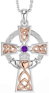 Diamond Amethyst White Rose Gold Claddagh Celtic Cross Necklace