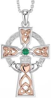 Diamond Emerald White Rose Gold Claddagh Celtic Cross Necklace