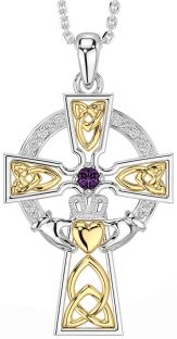 Diamond Alexandrite White Yellow Gold Claddagh Celtic Cross Necklace