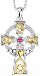 Diamond Pink Tourmaline White Yellow Gold Claddagh Celtic Cross Necklace