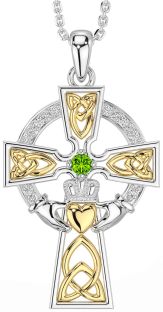 Diamond Peridot White Yellow Gold Claddagh Celtic Cross Necklace