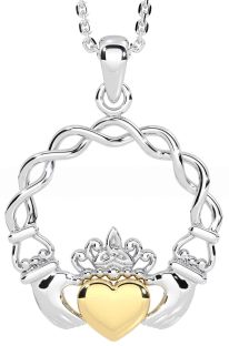 White Yellow Gold Celtic Claddagh Necklace