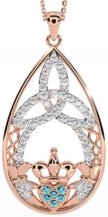 Diamond Aquamarine Rose Gold Silver Claddagh Celtic Trinity Knot Necklace