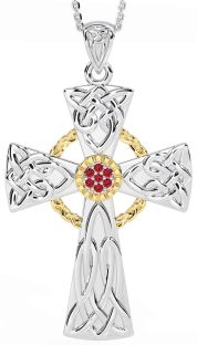 Large Ruby Gold Silver Celtic Cross Necklace