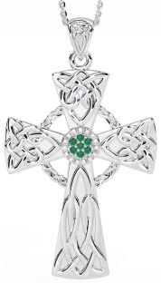 Large Emerald Silver Celtic Cross Necklace