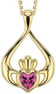 Pink Tourmaline Gold Silver Claddagh Necklace