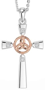 Diamond Rose Gold Silver Celtic Cross Trinity Knot Necklace