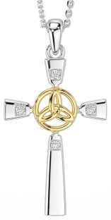 Diamond White Yellow Gold Celtic Cross Trinity Knot Necklace