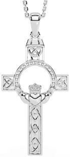 White Gold Claddagh Trinity Knot Celtic Cross Necklace