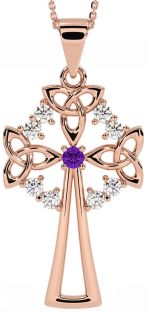 Diamond Amethyst Rose Gold Silver Celtic Cross Trinity Knot Necklace