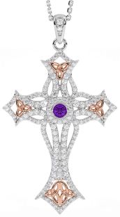 Large Diamond Amethyst Rose Gold Silver Celtic Cross Trinity Knot Necklace