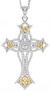 Large Diamond Gold Silver Celtic Cross Trinity Knot Necklace