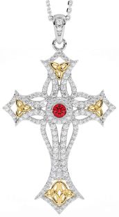 Large Diamond Ruby Gold Silver Celtic Cross Trinity Knot Necklace