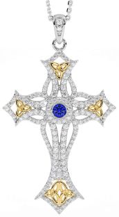 Large Diamond Sapphire Gold Silver Celtic Cross Trinity Knot Necklace